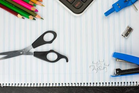 School supplies on a table Stock Photos