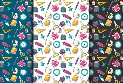School supplies theme. Seamless pattern set. Vector illustrator. 스톡 일러스트