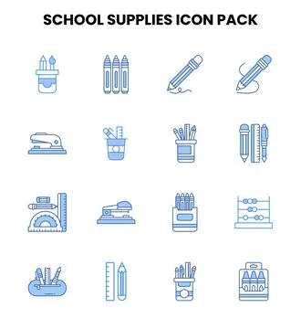 School Supplies Two Colour Bundle Icons Pack Stock Illustration