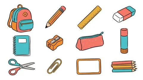 School supplies vector collection featuring backpack notebook pencil and st.. Illustrazione stock