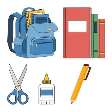 School supplies vector illustration with backpack, books, scissors, glue, an Stock Illustration