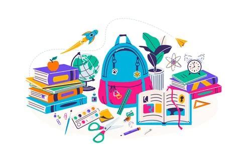 School supplies vector illustration, group on the center with pen, pile books Stock Illustration