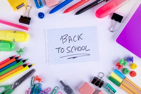 School supplies on white background. Back to school concept Stock Photos