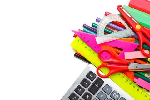 School supplies on white background Stock Photos