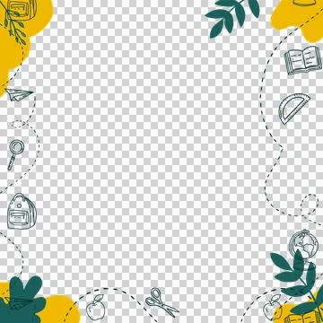 School supply frame is floating on clear canvas with dashed border, abstract Stock Illustration