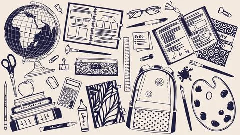 School Supply Set with Backpack, Globe, Books. Hand Drawn Doodle Style Statio Stock Illustration