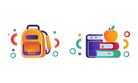 School Symbols Set, Backpack, Apple and Stack of Books Supplies Flat Vector Illustrazione stock