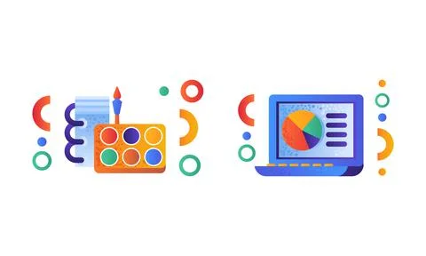 School Symbols Set, Laptop Computer, Album, Brush and Paints Supplies Flat 스톡 일러스트