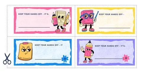 School Tag Label Sticker Vector Set Mascot Characters Book Pencil Notebook Stock Illustration