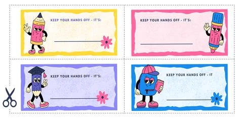 School Tag Label Sticker Vector Set Mascot Characters Pencil Marker Backpack For Stock Illustration