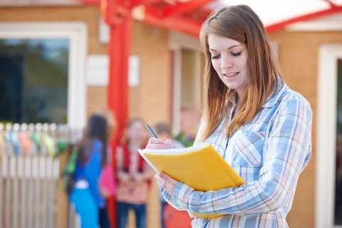 School Teacher Making Notes In Playground Stock Photos