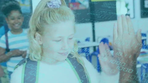 School teacher raising hand, students high-fiving for greeting, data moving Stock Footage 334321978
