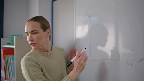 School teacher solving math problems whiteboard closeup. Woman drawing diagrams Stock Footage 279349007