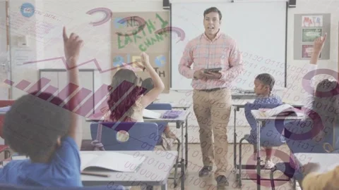 School teacher walking asking question, students raising hands as charts Stock Footage 333594647