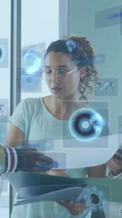 In school, team collaborating with animation on futuristic digital interface Stock Footage 344370318