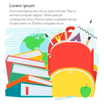 School template with backpack and books with text place.Vector Illustration. Illustrazione stock