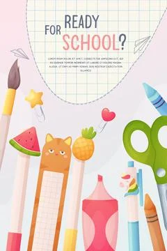 School template, poster banner vertical. Back to school. Cartoon pen, penci.. Stock Illustration