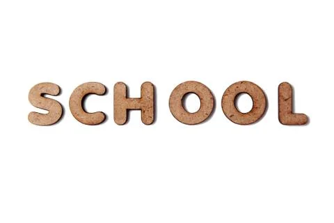 School text written with small wooden letters, isolated on white. Stock Photos