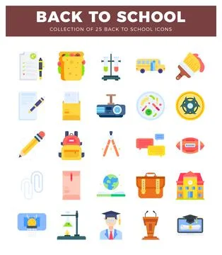School-themed flat icons collection for back to school season. Stock Illustration