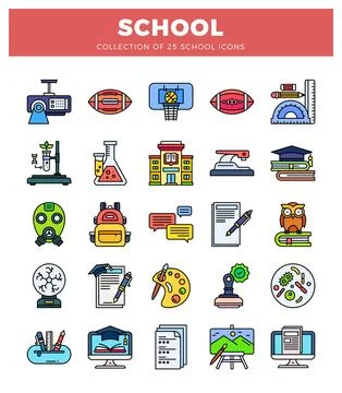 School-themed flat icons on a white background. Stock Illustration