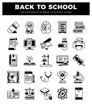 School-themed icons displayed in a grid on a white background with a black .. Stockillustratie