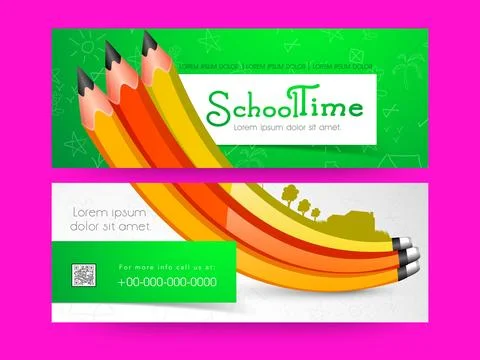 School Time Banner or Header Design with Colorful Pencils in Two Color Option Stock Illustration