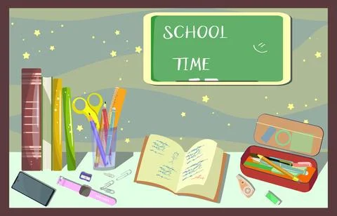 School time, Realistic vector of subjects to study, Application for posters, 스톡 일러스트