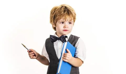 School time. Schoolboy with notepad and pen. Education. Elementary school kid Foto stock