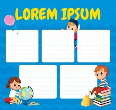 School time table template with picture of male and female pupils characters  Stock Illustration