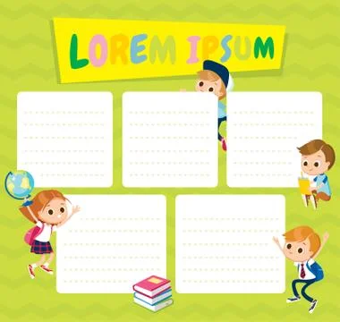 School time table template with picture of male and female pupils characters  Stock Illustration
