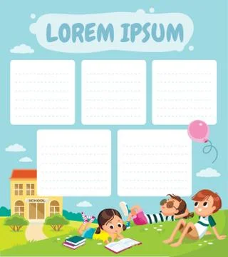 School time table template. Picture of pupils on school court yard. Illustrazione stock