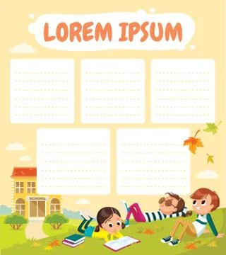 School time table template. Picture of pupils on school court yard. Stock Illustration