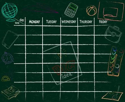 School timetable background with hand drawn elements of school supplies. Stock Illustration