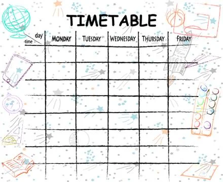 School timetable background with hand drawn elements of school supplies. Stockillustratie