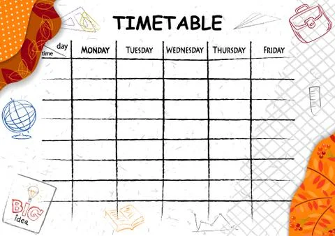 School timetable background with hand drawn elements of school supplies. Stock Illustration
