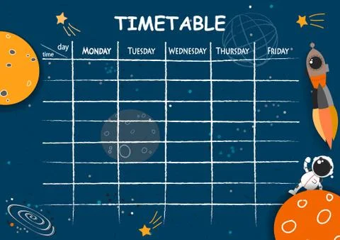 School timetable background with hand drawn space elements. Stock Illustration