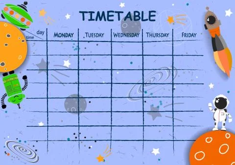 School timetable background with hand drawn space elements. Stock Illustration