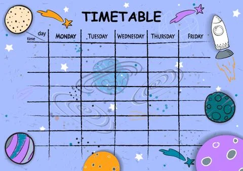 School timetable background with hand drawn space elements. Stockillustratie