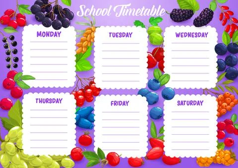 School timetable with berries vector week schedule 스톡 일러스트