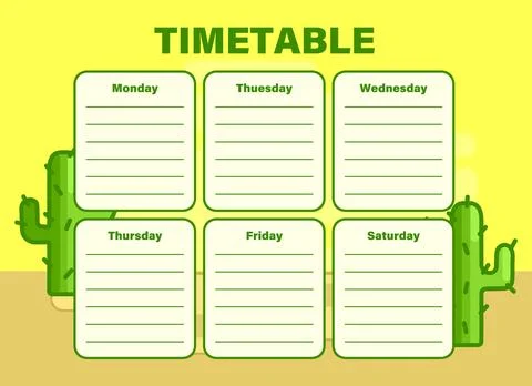 School timetable with cacti. Week plan with desert background. Schedule. Gaming Stock Illustration