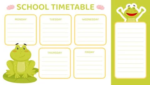School Timetable with Cute Green Frog and Day Frames Vector Template Stock Illustration