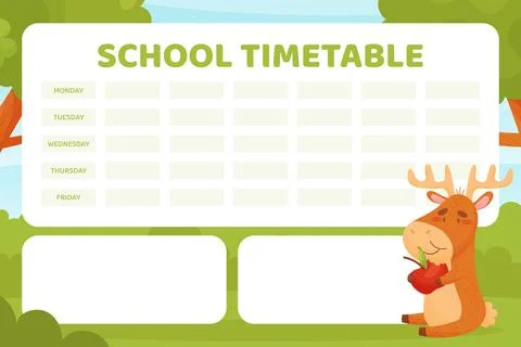 School Timetable with Funny Forest Elk Animal Eat Apple Vector Template Stock Illustration
