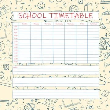 School timetable hand drawn design. Vector planner template for students. Funny Stock Illustration