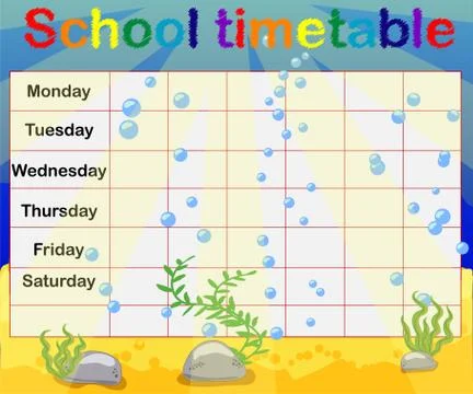 School timetable with marine themes, table, underwater world 스톡 일러스트