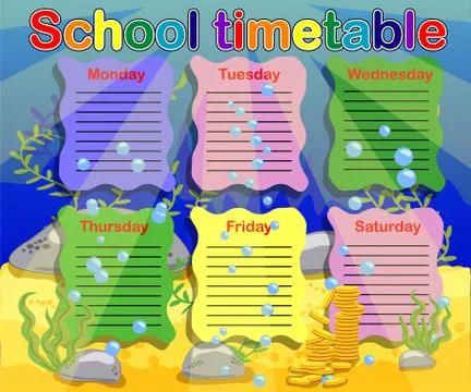 School timetable with marine themes, table, underwater world Stock Illustration
