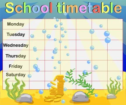 School timetable with marine themes, table, underwater world Stock Illustration