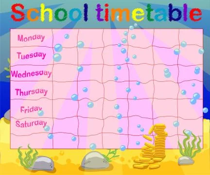 School timetable with marine themes, table, underwater world Stock Illustration