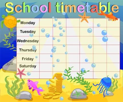 School timetable with marine themes, table, underwater world Stock Illustration