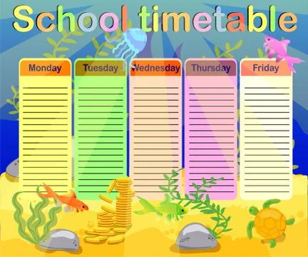 School timetable with marine themes, table, underwater world 스톡 일러스트