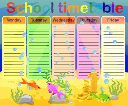 School timetable with marine themes, table, underwater world Stockillustratie